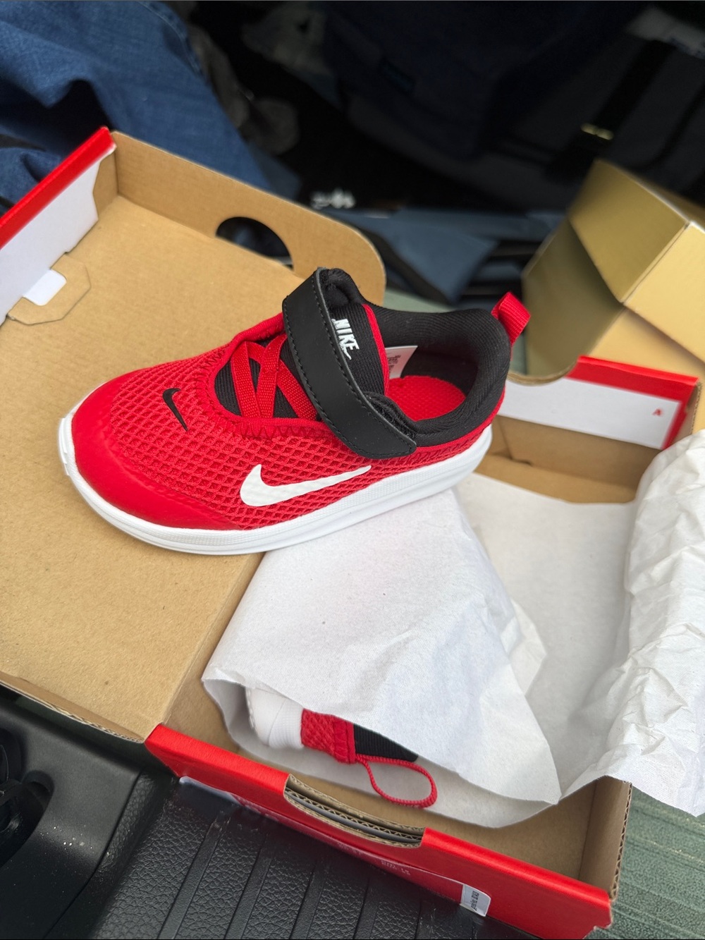 Nike Kids Red and Black Mesh Sneaker with White Swoosh